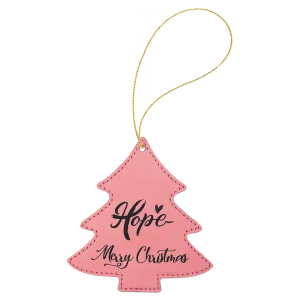 Pink Engraved Faux Leather Tree Ornament with Gold String