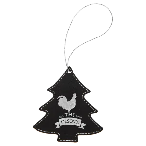 Black/Silver Engraved Faux Leather Tree Ornament with Silver String