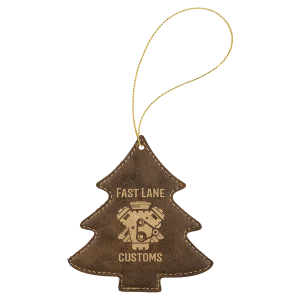 Rustic/Gold Engraved Faux Leather Tree Ornament with Gold String