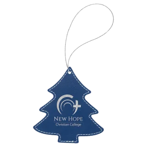 Blue/Silver Engraved Faux Leather Tree Ornament with Silver String