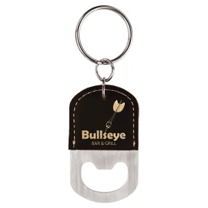 Oval Black/Gold Engraved Faux Leather Bottle Opener Keychain