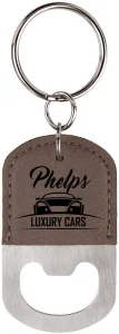 Oval Gray Engraved Faux Leather Bottle Opener Keychain