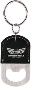 Oval Black/Silver Engraved Faux Leather Bottle Opener Keychain