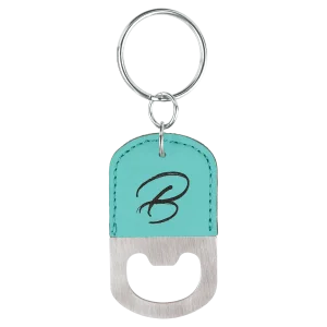 Oval Teal Engraved Faux Leather Bottle Opener Keychain