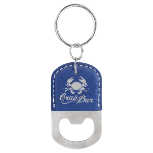 Oval Blue/Silver Engraved Faux Leather Bottle Opener Keychain