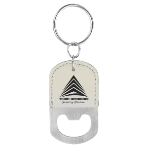 Oval White Engraved Faux Leather Bottle Opener Keychain