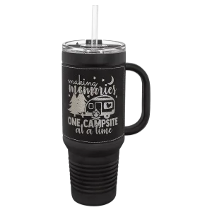 Polar Camel 40 oz. Black with Black/Silver Engraved Faux Leather Travel Mug with a Handle & Straw