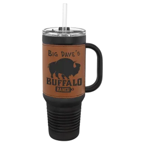 Polar Camel 40 oz. Black with Rawhide Engraved Faux Leather Travel Mug with a Handle & Straw