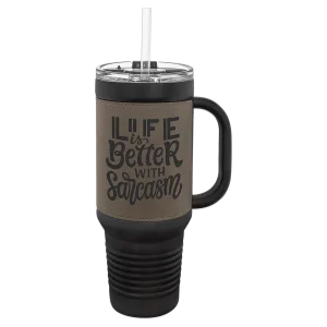 Polar Camel 40 oz. Black with Gray Engraved Faux Leather Travel Mug with a  Handle & Straw