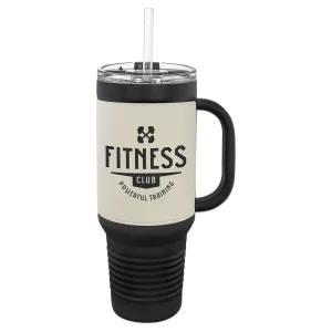 Polar Camel 40 oz. Black with White Engraved Faux Leather Travel Mug with  a Handle & Straw