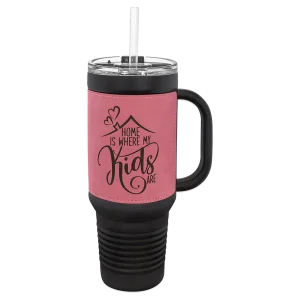 Polar Camel 40 oz. Black with Pink Engraved Faux Leather Travel Mug with a Handle & Straw