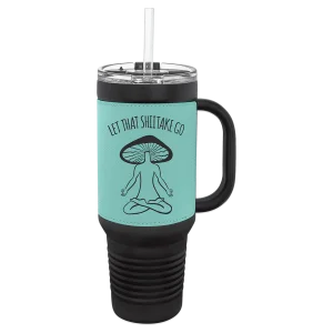 Polar Camel 40 oz. Black with Teal Engraved Faux Leather Travel Mug with a Handle & Straw