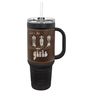 Polar Camel 40 oz. Black with Rustic/Silver Engraved Faux Leather Travel Mug with Handle & Straw