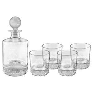 Polar Camel 850mL Round Golf Glass Decanter Set with Four 9 oz. Golf Rocks Glasses in Black Gift Box with Printed Paper Sleeve