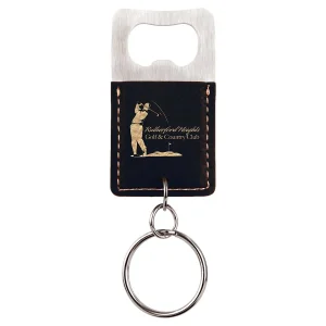 Rectangle Black/Gold Engraved Faux Leather Bottle Opener Keychain