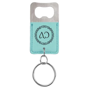 Rectangle Teal Engraved Faux Leather Bottle Opener Keychain