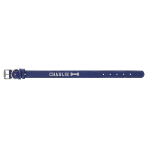 Small 15" x 3/4" Blue/Silver Engraved Faux Leather Dog Collar