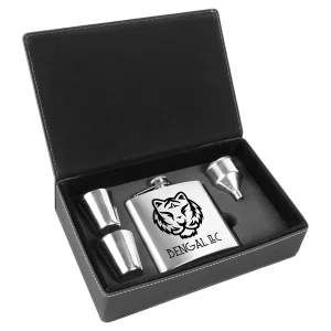 6 oz. Stainless Steel Flask Set in Black/Silver Engraved Faux Leather Box