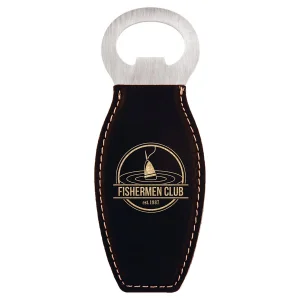 Black/Gold Engraved Faux Leather Bottle Opener with Magnet